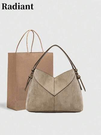 Mother-Daughter Bag Set With V-Shaped Patchwork Stitching Design – A Stylish Women's Handbag Boasting Minimalist High-End Texture. It's A Versatile Retro Shoulder & Crossbody Bag Equipped With A Long Shoulder Strap, Ideal As A Commuter Bag