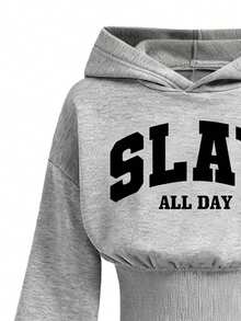 Tween Girl Letter Graphic Hoodie Sweatshirt And Flare Pants Set - Grey - View 3