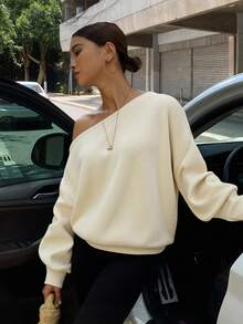 Livesso 女士休闲宽松纯色不对称肩长袖T恤露肩上衣 - 米色 - 查看 2