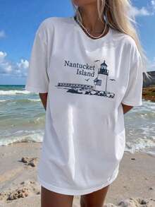 T-shirt ample pour femmes grande taille, imprimé de mouettes, style décontracté simple et ample, idéal pour les vacances à la plage et le bord de mer. Style de rue confortable pour le quotidien. Col rond, manches courtes. T-shirt d'été grande taille pour femmes en vacances - Blanc - Voir 5