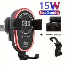 无线车载手机支架，一键释放，快速充电，手动夹式出风口安装，兼容 17/16/15/14/13/12/11/Pro/Max 及更新机型，支持无线充电，带 USB 接口，男女通用，附带 2 个车载挂钩