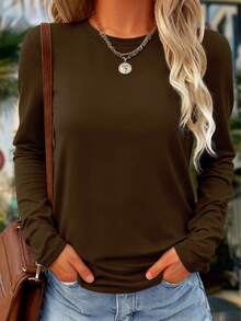 Women's 100% Cotton Solid Color Long Sleeve Casual Crew Neck T-Shirt, Winter - Coffee Brown - View 8
