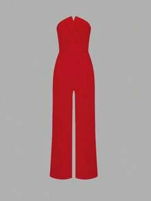 Women's Solid Color Minimalist Elegant Tube Straight Leg Jumpsuit,Elegant Sexy Spring Summer, High Waist Slim Fit Office Date - Red - View 2
