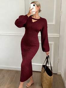 Livesso Women's Solid Color Sweater Dress, Autumn Red Women Dresses - Burgundy - View 1