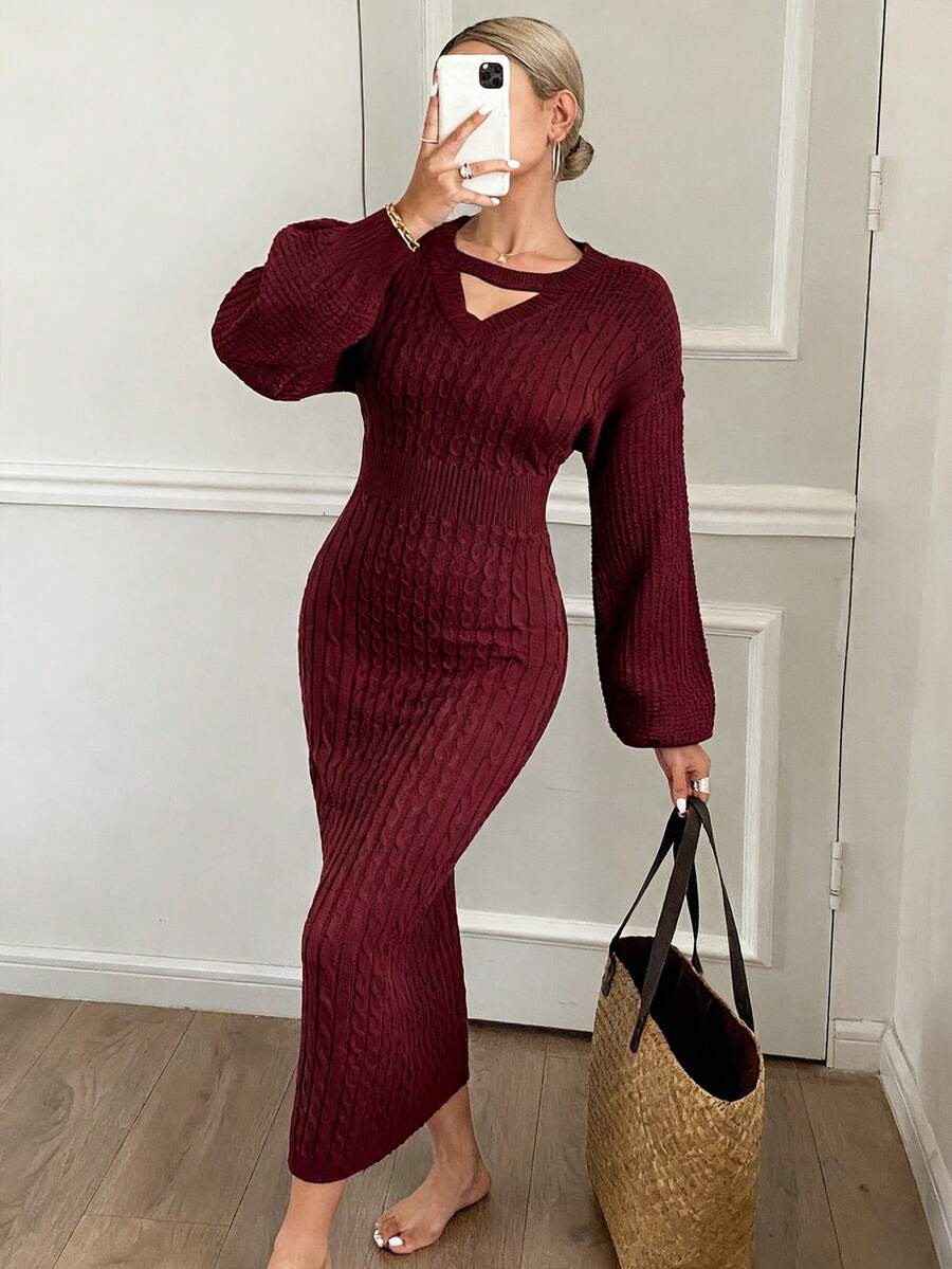 Livesso Women's Solid Color Sweater Dress, Autumn Red Women Dresses - Burgundy - View 1