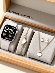 5件套，时尚可爱方形电子手表，适合青少年和女孩佩戴，搭配爱心主题首饰套装，包括项链、耳环和手链。这是一款适合女孩的圣诞礼物，也适合各种场合，例如派对、聚会、圣诞节、感恩节、情人节等节日，以及生日和开学季礼物。