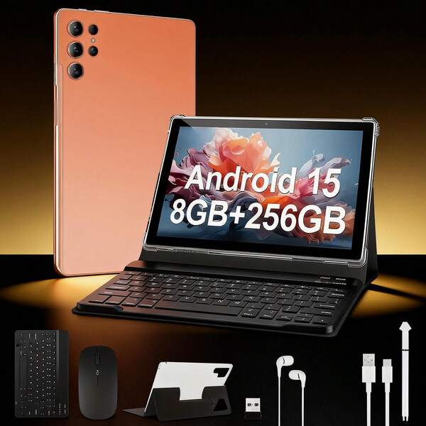 W&O 2025 New 10.1-Inch Tablet PC, Android 15 Operating System, 2-In-1 Tablet With Keyboard, Mouse, Protective Case, Stylus, 256GB ROM + 8GB RAM, Supports 1TB Memory Card Expansion, 5+16MP Camera, Octa-Core Processor, 8000Mah Battery, 1280*800 IPS HD Display, Tab, Tablet, Tablet, Pad