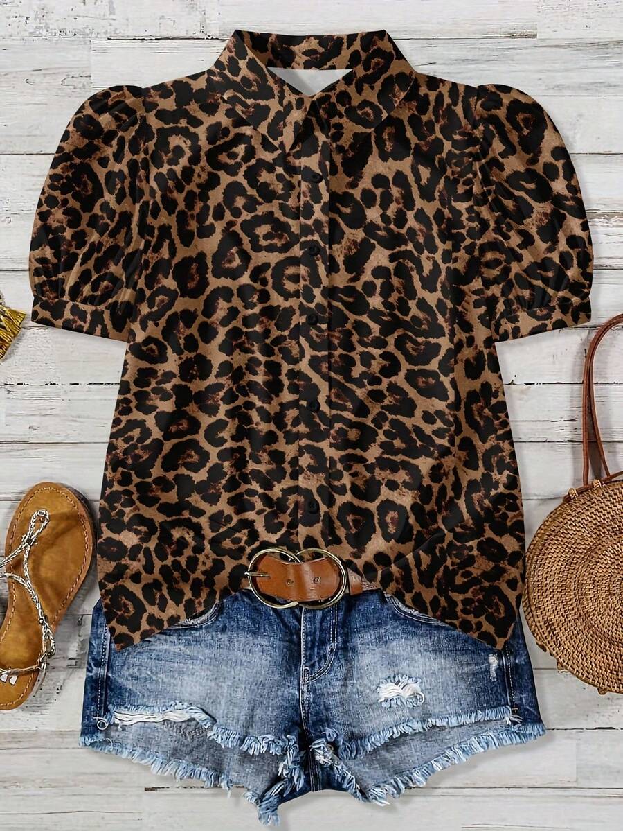 1pc Leopard Print Polyester Blouse, Buttonless, Suitable For Holiday, Office, Home, Birthday Party, Spring & Autumn Vacation Summer - Multicolor - View 1