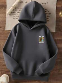 1pc Tween Boy Casual Printed Pullover Sweatshirt, Thermal Lined, Long Sleeve, Autumn/Winter - Dark Grey - View 5