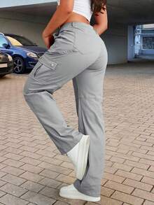 Casual Solid Color Multi Pocket Utility Pants Spring - Light Grey - View 4