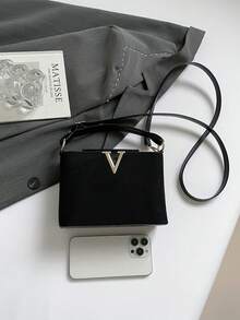 Fashionable Mini Solid Color Minimalist Metal Lock Decor PU Fabric Multipurpose Handbag - Black - View 4