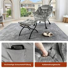 Armchair With Stool, Relaxing Armchair With Armrests, Side Pocket And Footrest, Living Room Armchair, TV Chair, Wingback Armchair For Living Room, Bedroom, Office (Khaki) - Grey + Fabric+Metal - View 5