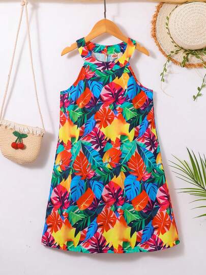 Girls' Casual Dress For Summer, Featuring Vibrant Tropical Floral & Leaf Patterns, Unique Off-Shoulder Design For Breezy Comfort, Loose A-Line Silhouette For Easy Movement. Suitable For Beach Vacation, Park Play Or Everyday Casual Outdoor Wear.