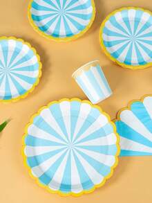 Blue & White Striped Petal-Shaped Disposable Plates, Napkins, Cups - Party Supplies For 25 Guests, Disposable Paper Plates Suitable For Birthday, Wedding, Party, Family Picnic - Multicolor - View 5