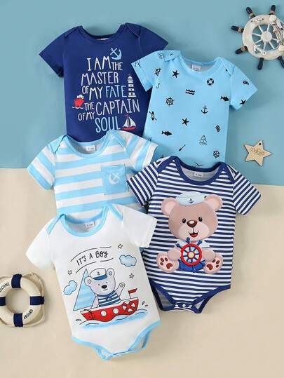5pcs/Set Baby Boys' Summer Sailor Style Bodysuit Set, Cartoon Navy Bear & Striped Anchor Pattern Cute & Playful Short Sleeve Bodysuit Outfit