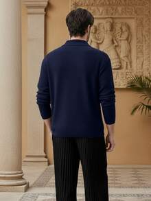 Áo sơ mi nam tay dài cổ polo màu trơn, kiểu dáng cổ điển retro, phù hợp cho mọi mùa, mùa thu. - Xanh đậm - Xem 4