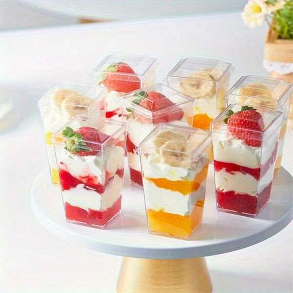 100/50 Pcs, 5 Oz Plastic Transparent Square Pudding Cups, Convenient, Dessert Cup Set With Spoon, Party Portion Dessert Bowls, Suitable For Appetizer, Pudding, Mousse, Yogurt, Frozen Dessert, Ice Cream