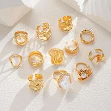 12/3pcs Set Asymmetric Pearl Flower Rings, Geometric Design, Iridescent, Hollow Round, Multi-Layer Metal Texture, Extra Large, Rugged Chic, Elegant Vintage, Suitable For Holidays, Parties, Dates, Gifts, Daily Wear