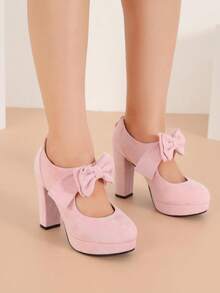 MAIERNISI JESSI Womens Bow Heels Mary Jane Shoes Round Toe Platform Chunky High Heel Vintage Dress Pumps - 粉紅色絨面 - 查看 3