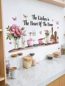 1件粉色玫瑰餐具英文名言墙贴，可移除墙贴，适用于厨房、餐厅、卧室装饰 - 粉色 - 查看 1