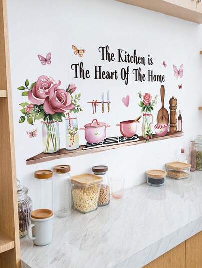 1pc Pink Rose Dinnerware English Quote Wall Decal, Removable Wall Sticker For Kitchen, Dining Room, Bedroom Decor