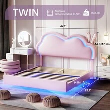 Floating Upholstered Bed Frame With LED Light, Cute Cloud Headboard For Girls, Sturdy Construction, Easy Assembly, No Box Spring Needed - Hồng - Xem 4