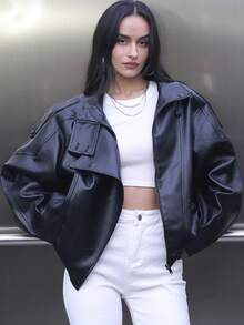 女士黑色PU皮夹克，秋冬飞行员夹克外套，上衣，秋季女士夹克，长袖上衣，冬季纽扣大衣 - 黑色 - 查看 5