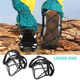 2pcs Black Rubber Anti-Slip Shoes With White Chain, Suitable For Outdoor Hiking And Climbing