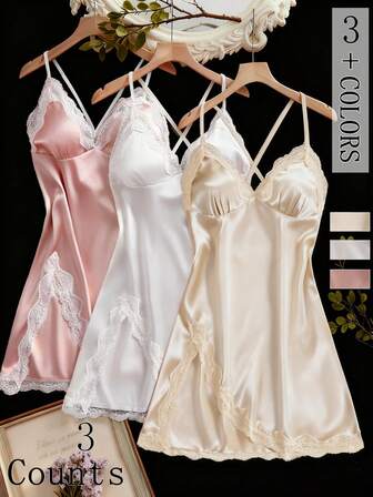 3 Pcs Solid Color Women's Sexy Lingerie Set Triangle Cup Cross-Back Straps High-Slit Dress Satin Lace-Trimmed Comfortable Homewear Nightgown
