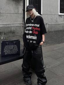 圆领短袖T恤，夏季新款字母印花，时尚休闲宽松女式上衣 - 黑色 - 查看 7