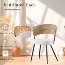 Rattan Dining Chairs Set Of 4,Farmhouse Upholstered Teddy Cushion With PE Cane Round Back Kitchen Chair,Mid Century Modern Dining Room Chair With Black Metal For Kitchen,White - 米色 - 查看 3