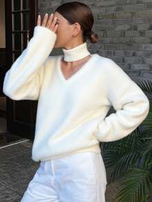 Livesso Suéter holgado con cuello de pico y diseño de cuello caído, para otoño/invierno - Beis - Ver 5