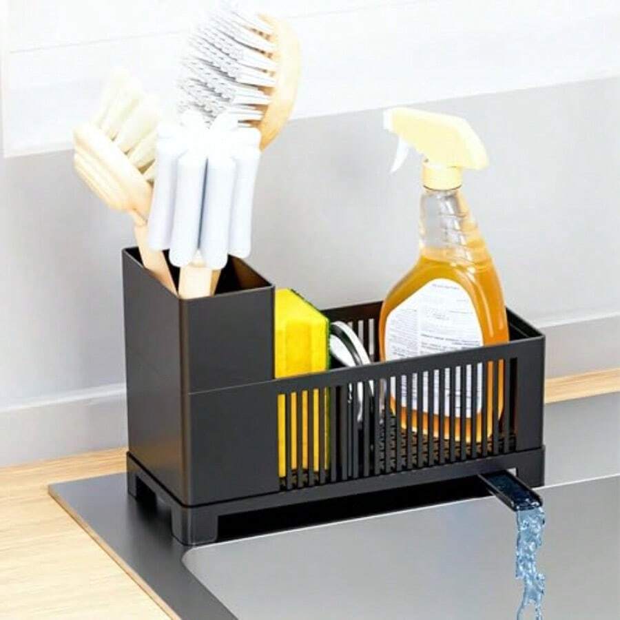 XZGB Rustproof Kitchen Sink Organizer For CountertopMultifunctional Sink Organizer Caddy And Organization Scrub Brush And Sponge Holder Plastic Sink Storage Rack Sponge Drain Rack Dish Soap Dispenser Black - 黑色 - 查看 1
