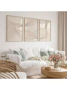 3件套波西米亚风米色线条艺术帆布墙画，时尚主题无框水墨画，适用于家居、办公室、客厅、卧室装饰，室内竖幅，春夏款 - 米色 - 查看 5