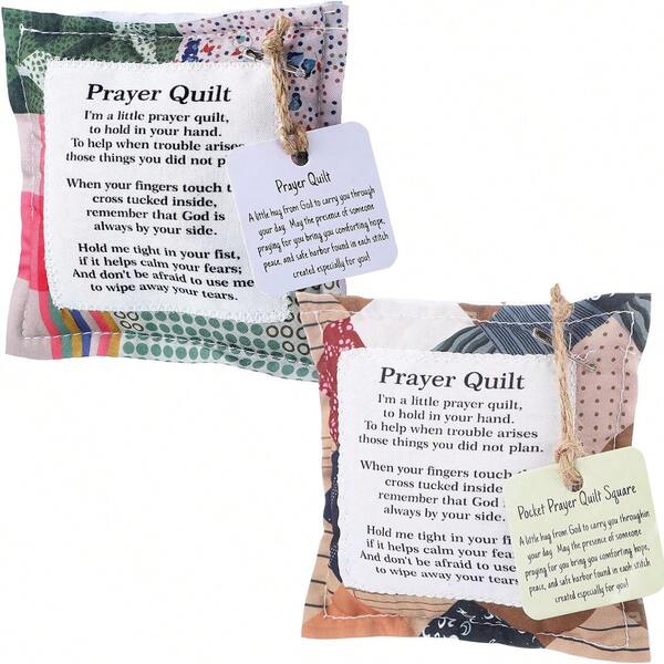 2 Packs Prayer Quilt With Cross Inside Squares Pocket Mini Scripture Prayer Quilt Encouragement Christian Gifts For Women Pastor Appreciation Mother's Father's Day Graduates Grandparents Gifts