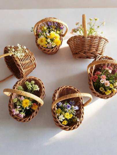1/2 pezzi Mini cestino intrecciato - Cestino decorativo con aspetto di rattan in plastica vintage con manico, design a copertura aperta in vari stili, adatto per matrimoni, feste e decorazioni per la casa, può essere utilizzato come cestini per bomboniere, organizzatori e decorazioni per feste. Texture intrecciata, ideale per San Valentino, feste per single, compleanni, matrimoni, pensionamenti, inaugurazioni di case, lauree e altre decorazioni