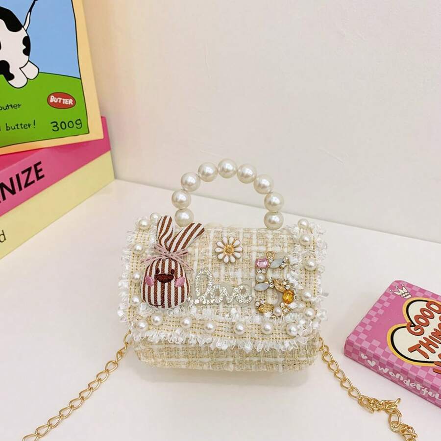 Princess Style Chain Bag Pearl Accessories Cute Children's Handbag Bow Unique Girl's Shoulder Bag - Rabbit-themed Beige - View 1