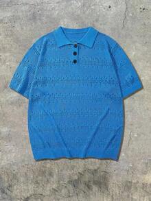 ANDREILEE Men's Casual Loose Hollow Breathable Vacation Style Polo Collar Pullover Short Sleeve Knit Top, Spring & Summer - Blue - View 2