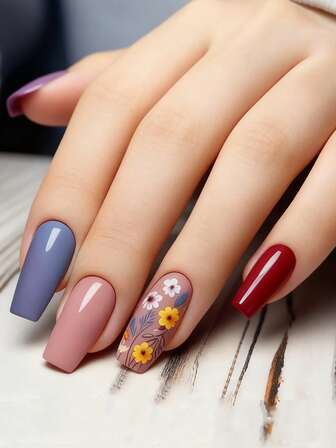 Express Your Love With 24pcs Medium Square Press On False Nails Charming White Yellow Purple Red Flowers Blue Yellow Leaves Burgundy Nails Elegant And Cute Frangipani Purple Fake Nails Blue Fake Nails Full Coverage Fake Nail Tips For Women And Girls Includes 1 Sheet Adhesive Tabs & 1 Pc Mini File Strip Jelly Gel Random Shipment