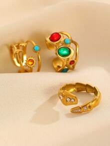 1 Set Rhinestone Inlaid Open Ring Set, Fashion Versatile Casual Suitable For Women's Daily, Party Wear Or Gift To Friends - Multicolor - View 3