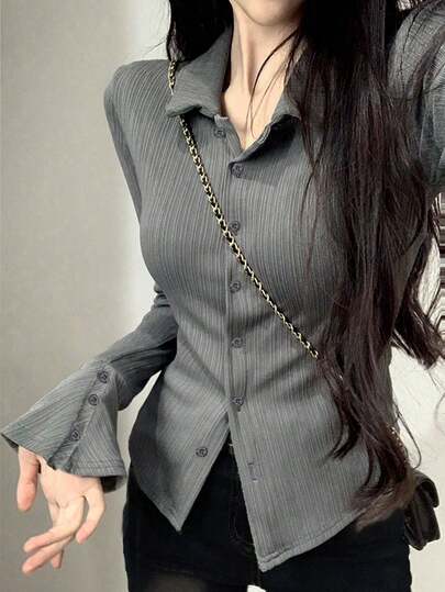 女式长袖 Polo 领 T 恤，肩部褶皱，合身设计，喇叭袖，分层上衣，秋季