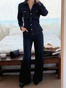 DAZY Autumn/Winter New Loose Casual Urban Style Women Denim 2 Pieces Set - Blue - View 3