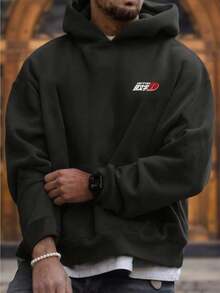 Men's Drifting Car And Japanese Anime Patterned Hooded Sweatshirt With Plush Print On The Back, Loose Fit With Racing Design, Casual Winter Pullover For Racing Enthusiasts (Machine Washable) Men's Hooded Sweatshirt - Black - View 3