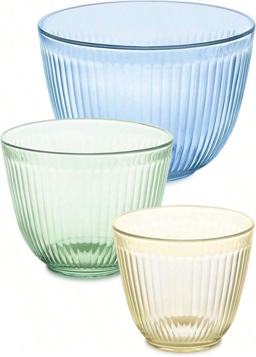 Pyrex Colors Tinted (3-Pack, Full Set) Sculpted Tinted Glass Mixing Bowls With Lids, Nesting Space Saving Set Of Bowls For Prepping And Baking, 13QT, 23QT &Amp; 45Q, Blue - ColorC - 查看 1
