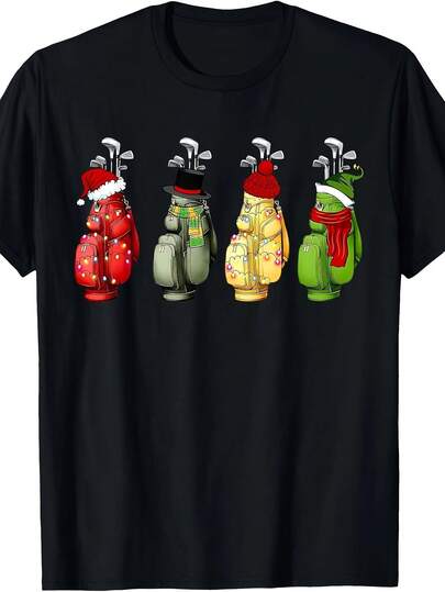 Men'S Christmas Golf Shirt - Santa Hat & Golf Club Graphic Tee - Black With Red/Green/Yellow Holiday Colors - All-Season Casual Wear For Golfers - Ideal Christmas Gift For Men - Comfortable Fit For Parties, Holidays, Casual Attire - Perfect For Couples & Golf Enthusiasts, Festive Occasion Attire, Playful Festive Design, Durable Print Quality, Men T Shirt, T Shirt For Men, Men T-Shirt, Gym Clothes Men, Tshirt For Men, Men Clothes, Gym T Shirt Men, Gym Clothe Men, Men Clothe