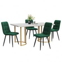 117cm Dining Table Set With 4 Chairs, Rectangular Dining Table, Modern Kitchen Table Set, Dark Green Velvet Dining Chair, Black Table Legs - White + MDF - View 9