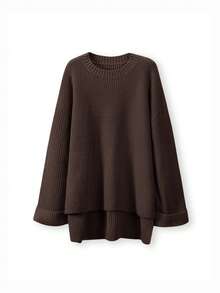 女士纯色针织套头毛衣，开衩设计，宽松版型，时尚优雅，居家度假皆宜，简约别致。 - 咖啡 - 查看 5