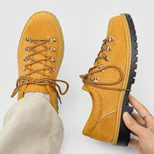 Men's Leather Shoes, Niche Design Retro Men's Shoes, Japanese Retro Old Money Style Casual Work Boots, French Derby Shoes - Yellow - View 1