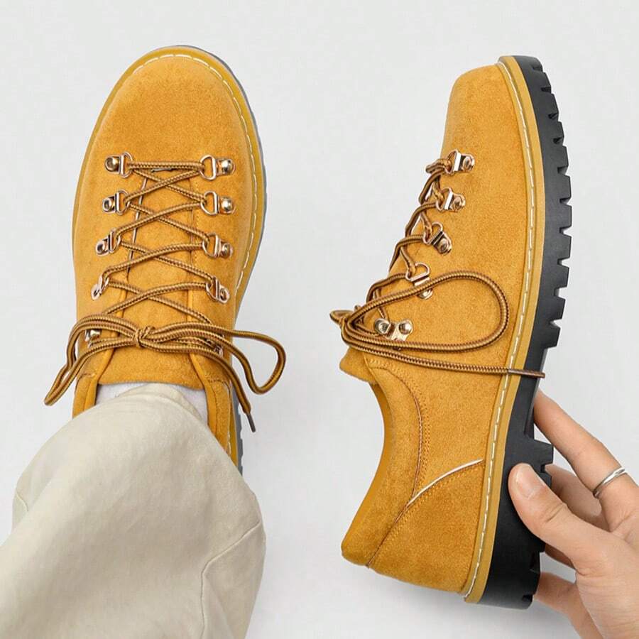 Men's Leather Shoes, Niche Design Retro Men's Shoes, Japanese Retro Old Money Style Casual Work Boots, French Derby Shoes - Yellow - View 1