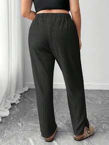 1 pieza Pantalón lápiz de ajuste suelto con diseño de abertura y cordón elástico para mujer talla grande, adecuado para salidas casuales, al aire libre, yoga, fitness, trotar, senderismo, ciclismo, de unicolor y estilo básico, para todas las estaciones - Negro - Ver 2